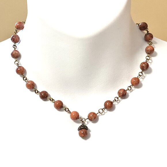 Genuine Red Jasper Short Necklace, Cute Bronze Acorn Charm + Natural Gemstone - Picture 2 of 12